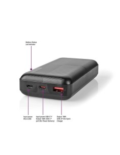 Nedis UPBKPD20000 Power Bank 20000mAh 18W με Θύρα USB-A και Θύρα USB-C Power Delivery Μαύρο